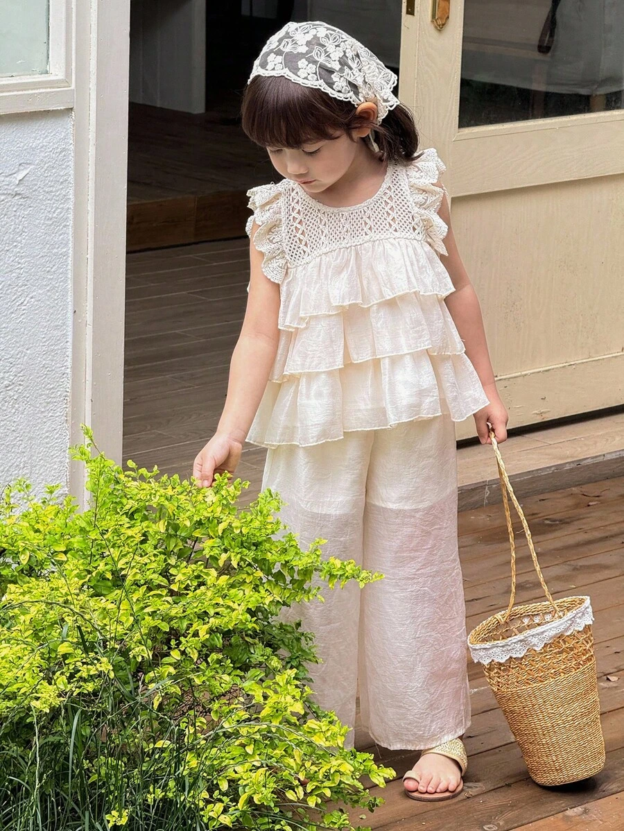 SHEIN Little Byeori 年轻女孩韩版公主风荷叶边下摆无袖上衣和宽松阔腿裤套装 - 白色 - 查看 1