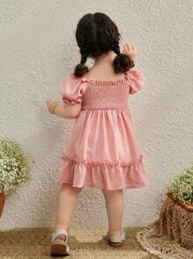 Blossori Baby Girls' Countryside Resort Style Pink Puff Sleeve Dress - Pink - View 2