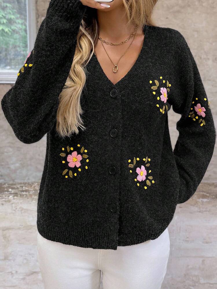 Women's V-Neck Embroidered Cardigan Sweater,Dark Grey,Autumn,Casual,Everyday Stylish Button Up Knitted Slouchy-Feel Versatile Fall Tops