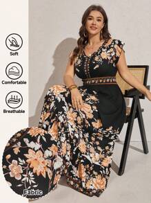 Comfylo 加大码女式花卉印花休闲节日荷叶边袖连衣裙海滩装女士婚礼宾客连衣裙 - 彩色 - 查看 7