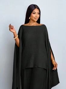 SOLERSUN 大码女装春夏时尚纯色优雅单肩时尚精致短袖不对称下摆斗篷衬衫上衣直筒宽松阔腿裤套装两件套休闲宽松度假套装女秋季衣服手帕下摆 - 黑色 - 查看 4