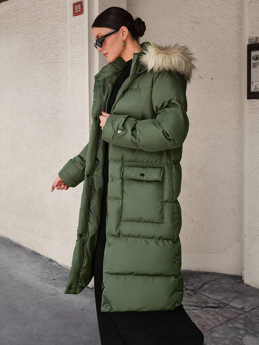 CLARA VERO Casual Style, Premium Quality, Fur Detailed Long Line Bonded Winter Coat - Khaki - View 1