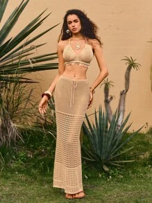 Swim Chiccia Elegant Women's Beige Knit Set, Shell Bikini Top With Mini Skirt