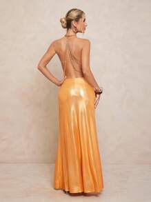 Lumalex 不对称腰部褶饰金属链细节超长女式连衣裙 - 金色 - 查看 7