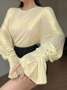 DAZY Women's Bell Sleeve Elegant Sequin Decoration Twist Knot Button Detail Long Sleeve Blouse Top, Business/Party Wear, Spring/Summer/Autumn