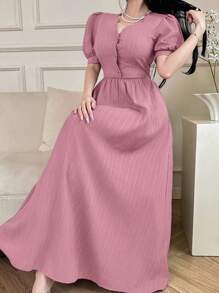 Feyla Women's Elegant Solid Color Puff Sleeve Dress - Pink - View 3