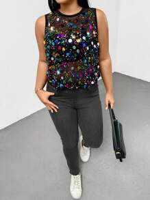 Auralis Top sans manches élégant et confortable pour femmes grandes tailles, printemps et été, avec sequins brillants colorés, noir, transparent, sexy, Y2K, pour sortir, pour femmes en club, pour le rave festival, streetwear pour femmes, Top perlé, été européen, concert pour femmes, concert country