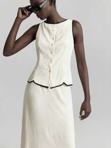 Ontre 2 件套亚麻材质拼色设计无袖黑色饰边抽绳背心和迷你裙套装，女士春夏音乐节、毕业典礼、节日装