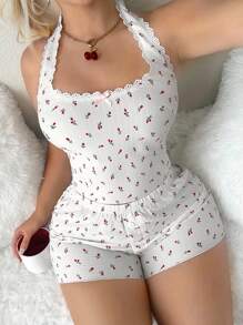 Sweetina 2pcs Cute Casual Summer Ditsy Floral Halter Top And Shorts Women Pajama Set - Multicolor - View 1