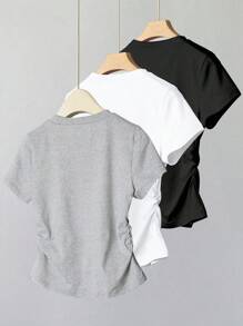 Sparklyn 青少年女孩休闲蝴蝶印花短袖褶皱修身T恤，夏季 - 灰色 - 查看 2