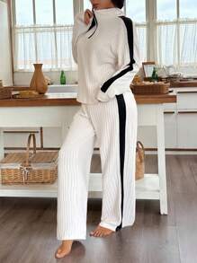 SHEIN Casual Women's Lounge Set In Knitted Fabric With Half-Zip Collar And Striped Design Long Sleeve Lounge Set Lounge Wear Set Matching Lounge Set Two Pieces Lounge Set Ribbed Lounge Set, Fall Winter Clothes, Cozy Outfits - Apricot - View 6