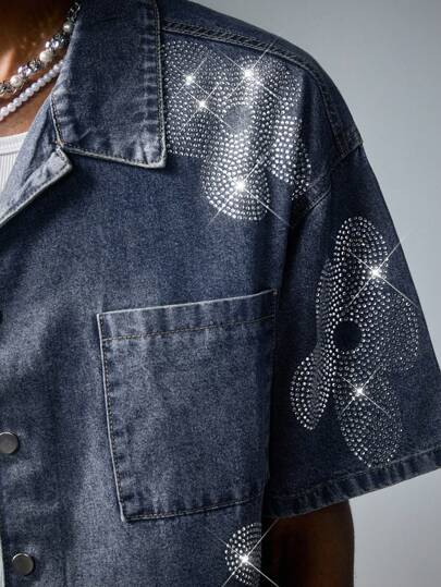 Street Life Men's Fashion Rhinestone Floral Denim Top, Summer