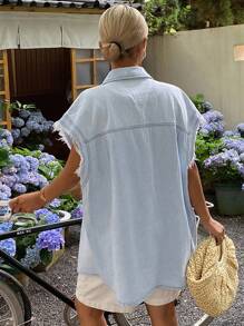 Livesso 女士休闲牛仔背心，翻领蓬松饰边，女士夹克，秋季女装 - 藍色 - 查看 2