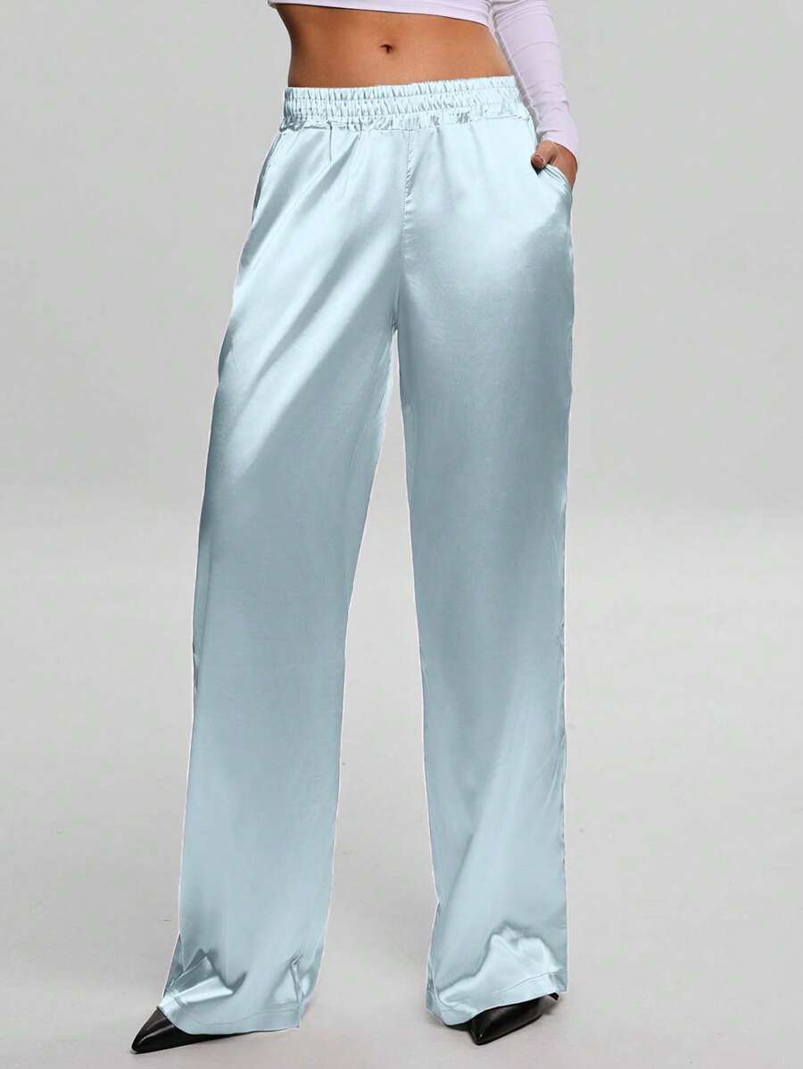 EURMUSE RueChic Satin High Waist Wide Leg Pant - Baby Blue - View 1