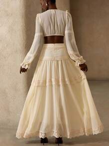 Aveloria Rosie French Romantic Heavy Lace Decor Exposed Waist Dress, Chiffon Lightweight Elegant Flared Skirt Long Sleeve Women Long Dress