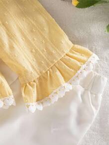 SHEIN 2 件套女婴春秋款休闲套装，蕾丝装饰长袖上衣和长裤 - 黃色 - 查看 4