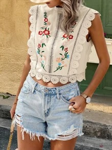 SHEIN LUNE 女士夏季休闲花朵刺绣拼布水溶蕾丝无袖衬衫女衬衫 - 卡其色 - 查看 4