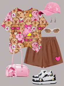 SHEIN 2 件套青少年女孩休闲粉色和棕色 Lulicore 水豚心形图案短袖圆领 T 恤和短裤套装，适合夏季 - 彩色 - 查看 3