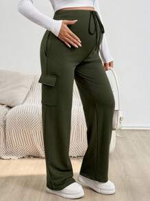 SHEIN Pregnant Women Casual Minimalist Army Green Drawstring Waist Fold Over Pocket Sweatpants - Army Green - View 8