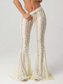 SHEIN ICON Women's White Y2K Sexy Low Waist Full Lace Exaggerated Flared Leg Skinny Tight Fitting Sexy Pants - White - View 2