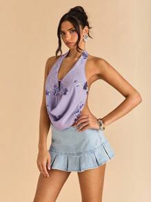 SHEIN BAE 女式花卉亮片垂坠领性感吊带背心 - 淡紫色 - 查看 6
