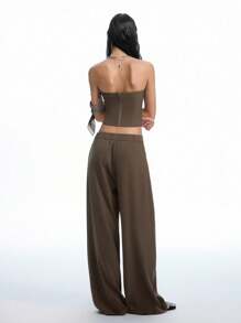 LYSMO 女士夏季纯色双排扣短款抹胸和褶皱阔腿裤时尚两件套 - 卡其色 - 查看 2