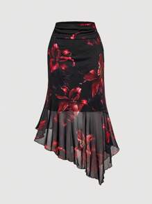 SHEIN MOD Fashionable, Romantic And Elegant, Asymmetrical Hem Floral Print Women's Skirt, Floral Skirt, Lily Skirt, Asymmetrical Skirt,Back To School,Goth,Halloween