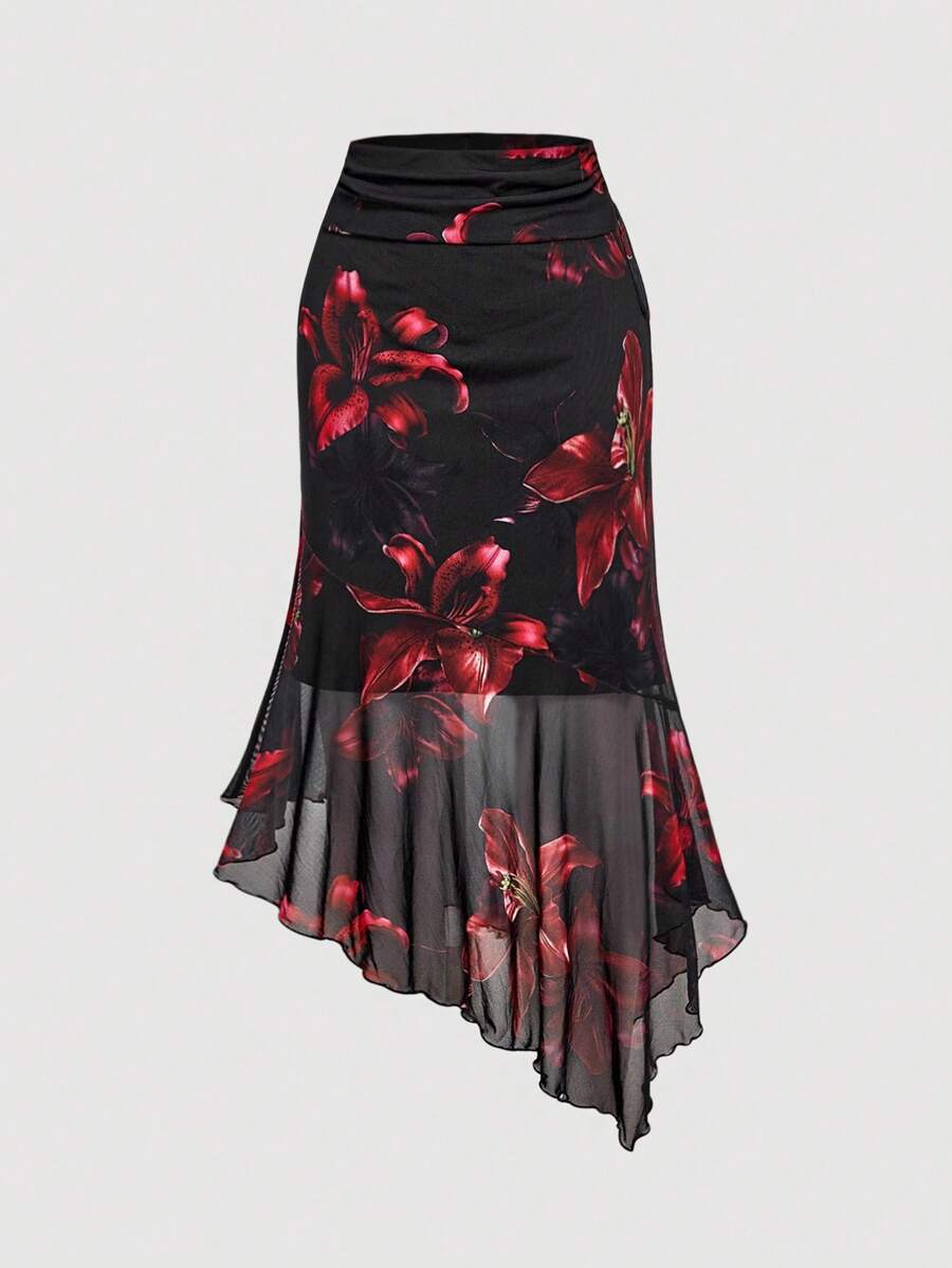 SHEIN MOD Fashionable, Romantic And Elegant, Asymmetrical Hem Floral Print Women's Skirt, Floral Skirt, Lily Skirt, Asymmetrical Skirt,Back To School,Goth,Halloween