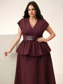 Anewsta Elegant & Fashion Summer Commuter Sleeveless V-Neck With Belt Blouse & Skirt 2-Piece Set For Women - Burgundy - View 5