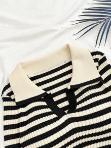SHEIN 2pcs/Set Teen Girls Vacation Striped Sweater Top And Shorts Set, Collared Long Sleeve Pullover And Knitted Shorts Striped Two Piece Set Two Piece Knit Set Preppy Two Piece Set Striped Sweater Set Knit Two Piece Set,In Fall/Winter - Black - View 4