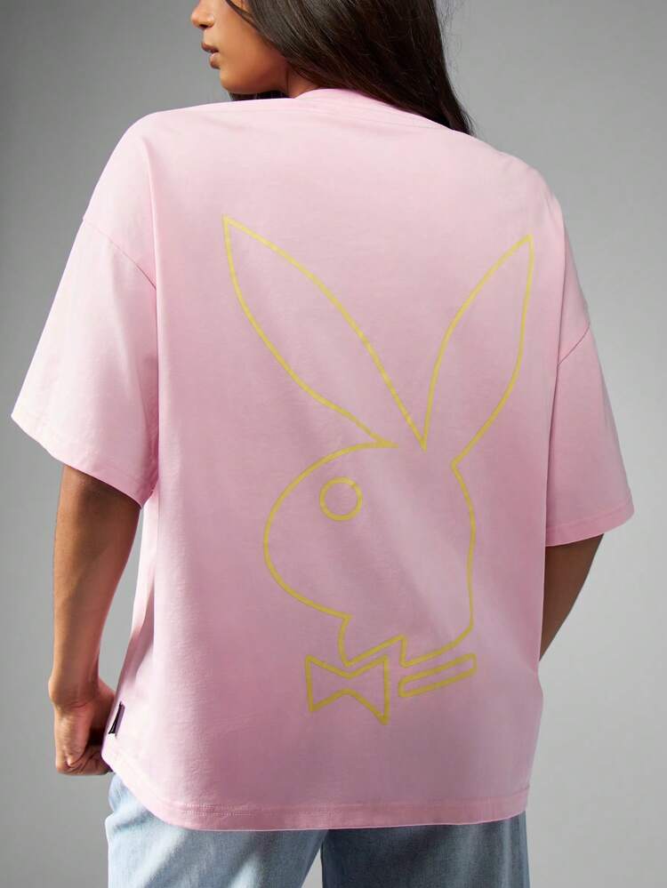 Missguided x Playboy T-shirt ample à manches courtes en coton, décontracté, d'été, style urbain, tenue de détente, avec un motif graphique de lapin classique et oversize