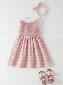 Joliand 1 pezzo Vestito elegante da ragazza giovane Joliand, a quadri rosa, con decorazioni in pizzo bianco, colletto a rever, senza maniche, a-line, adatto per festa, viaggi, matrimoni, estate