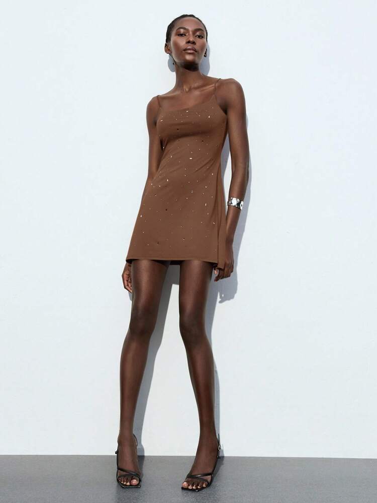 SHEIN Maija Coffee Brown,Summer,Minimalist,Party Night Elegant Sequin & Rhinestone Strap Mini Dress,Chic Wedding Guest Brunch Outfit,Boho Vacation Beach Dress