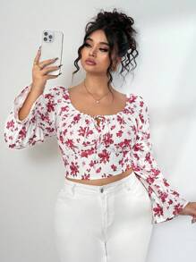 Elenzga Elegantes Ditsy Blumen Figurbetontes Crop Top mit Puffärmeln - Rot - Übersicht 1