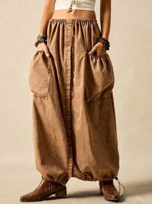 Easelle 2025 Summer Washed Denim Skirt Four Button Nomadic Retro Festival Outdoor Distressed Denim Skirt Washed Orange Washed Distressed Button Skirt Retro - Brown - View 7