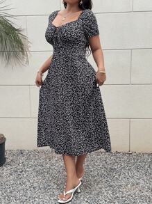 Sunnyshic Váy chữ A cổ vuông in họa tiết kim cương tay ngắn cỡ lớn - màu đen - Xem 4