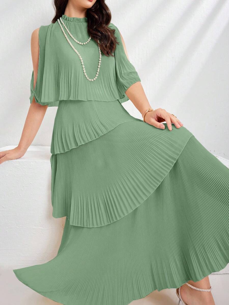 Modelyn Vestido largo de noche con hombros descubiertos de unicolor y manga corta para mujer