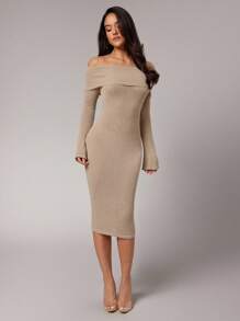 Silquee Women's Solid Color Off Shoulder Fitted Elegant Long Sleeve Sweater Dress,Fall Women Clothes, , Beige Dress Women, Tan Dress Women, Off The Shoulder Dress, Long Sleeve Midi Dress,Street Dress, Prom Dress,Airport Outfit For Women,Nude Dress