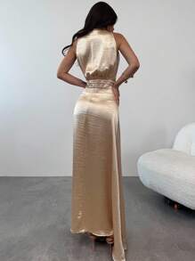 Firerie Women Elegant Party Waist Pleated Gold Aline Polar Long Dress,Graduation,Teacher Outfits Party,For Women,Teacher Dress Vacation Dress,Suitable For Commute/Elegance/Sexy/Vacation/Beach/Romance/Date/Valentine's Day/Concert/Performance/Party/Prom/Wedding Season/Back To School Work/Teachers' Day/Elegant/Commute/Casual/Business/Modern Urban, Modest