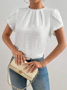 EMERY ROSE Women's Elegant Plain Color Laser Cut Fabric Frill Trim Peplum Sleeve Shirt White Blouse