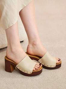 Rosivie Women's Beige Simple Round Toe Thick Heel Mid-Heel Pumps, Elegant, Leisurely, Comfortable, Slip-On, Suitable For Office, Commuting, Dates, Banquets, Dances, Vintage, Formal Occasions