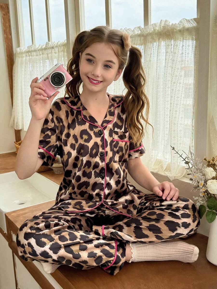 SHEIN 女童超大仿丝豹纹开衫睡衣套装 - 彩色 - 查看 1