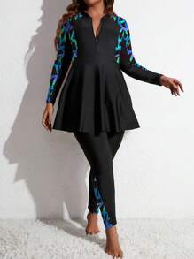 Swim Mulvari Bộ đồ bơi Burkini 2 mảnh size lớn, áo dài tay casual và quần legging cho kỳ nghỉ bãi biển mùa hè - màu đen - Xem 5