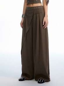 LYSMO 女士夏季纯色双排扣短款抹胸和褶皱阔腿裤时尚两件套 - 卡其色 - 查看 6