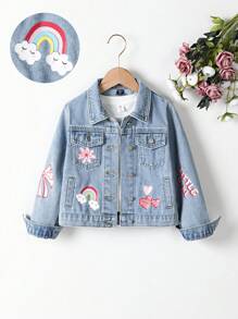 Giacca di jeans per ragazze, giacca casual alla moda di tutti i giorni per esterni con fiocco floreale, design a cuore e lettera, con colletto a bavero, maniche lunghe in denim