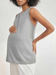 BloomMama Pregnant Women Solid Color Round Neck Sleeveless Casual Top, Loungewear For Summer - Grey - View 1