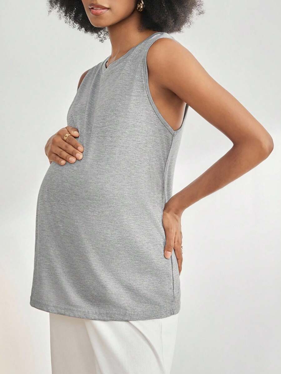 BloomMama Pregnant Women Solid Color Round Neck Sleeveless Casual Top, Loungewear For Summer - Grey - View 1