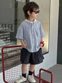 DAZY 小男孩格紋對比滾邊短袖襯衫 + 純色短褲 2件套，夏季 - 藍色 - 查看 5