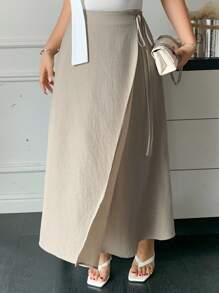 Dazy Plus Váy dài mùa hè dáng rộng có dây rút màu trơn cỡ lớn - Màu Khaki - Xem 4