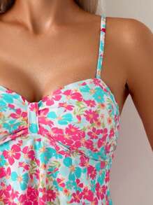 Swim Mod 2pcs/Set Women Summer Floral Print Spaghetti Strap Deep V Backless Crop Top And Bikini - Multicolor - View 3